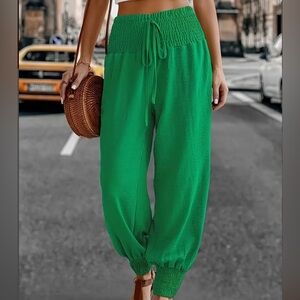 Shirred Waist & Botton Jogger Pants, Casual & Versatile Baggy Pants Kelly Green